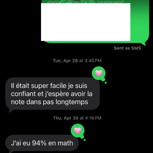 Message d'un élève — 94% en math